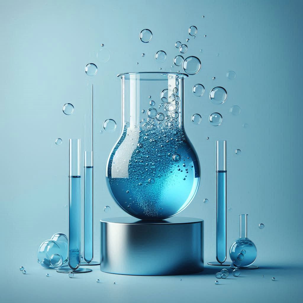 Create a sleek 3D illustration featuring a modern glass beaker filled with a vibrant, bubbling blue liquid. The beaker is centrally placed on a polished, short pedestal, surrounded by delicate, minimal bubbles and accompanied by 3 to 4 plain glass test tubes. Use a clean, monochromatic palette of blue hues to maintain a minimalist and cohesive aesthetic.