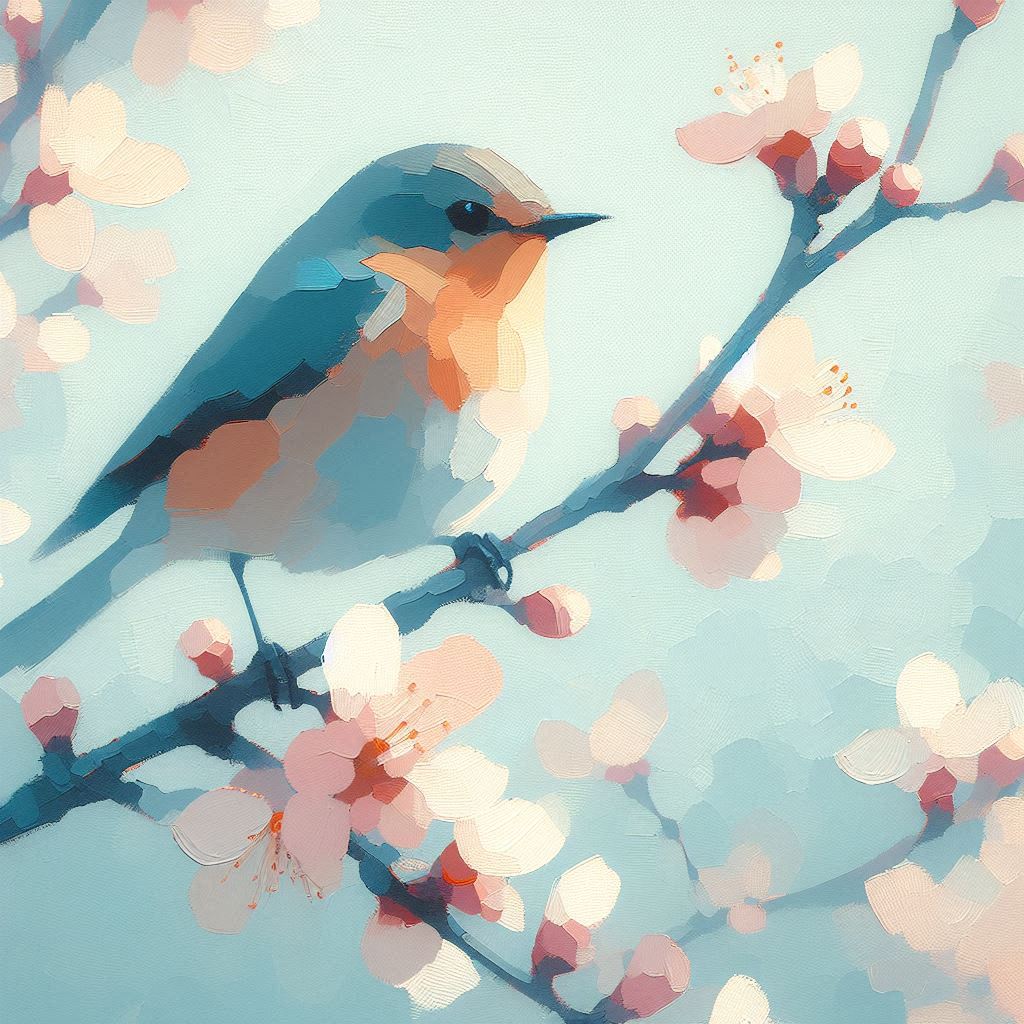 a minimalist impressionist painting of a bird perched on a blooming branch in spring, from a close-up perspective with pastel colors 