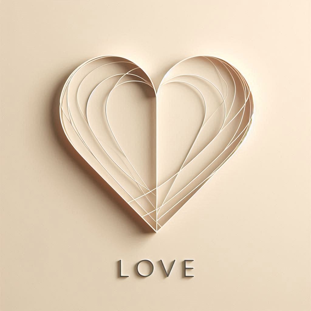 Minimalist heart made of clean geometric lines, soft beige background, ‘LOVE’ in thin sans-serif font