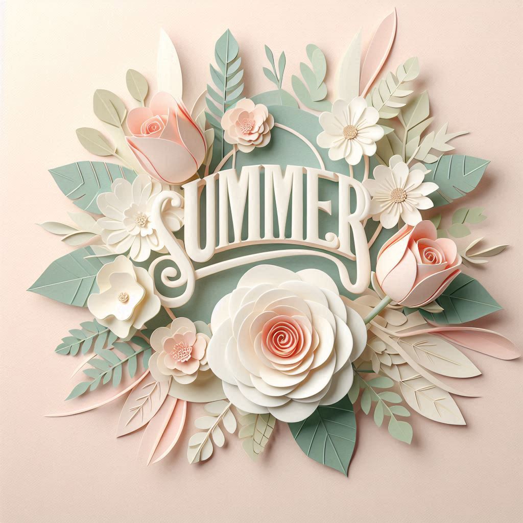 A soft, elegant Mother's Day floral arrangement in pastel tones, featuring the word 'SUMMER' in large, 3D-style text at the center. Surrounded by paper-cut style roses, tulips, and leaves in shades of blush pink, cream, and mint green. The background is minimal and softly gradient. A calm, sophisticated, and artistic composition with delicate details and gentle lighting.