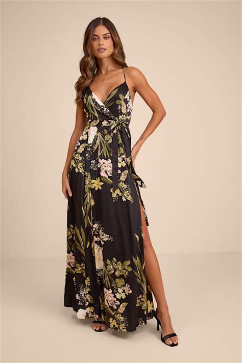 Black Floral Print Satin Maxi Dress | Womens | Small (Available In XXS, XS, M, L, XL) | 100% Polyester | Lulus