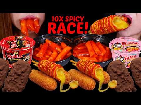 ASMR RACE! 10X SPICY tteokbokki, Cheesy corn dogs, Buldak Carbonara, mini crunchy ice cream