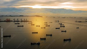 time lapse A lot of Oil Crude Gas Tanker Ship, Cargo container Ship offshore mooring at Ocean Bay Petroleum Chemical export import transportation and logistic