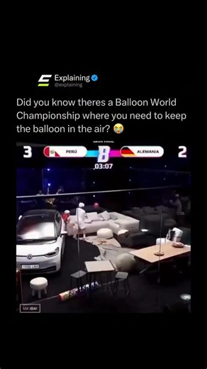 Explaining on Instagram: "There really is a world championship for keeping a balloon in the air… and it’s way more intense than it sounds 😂🎈 The sport exploded after viral videos showed players diving, sliding and jumping over furniture to stop a simple balloon from touching the ground. That viral energy turned into an official competition called the Balloon World Cup, created in 2021 by streamer Ibai Llanos and soccer legend Gerard Piqué 🌍🔥 Players compete in a glass arena made to look like