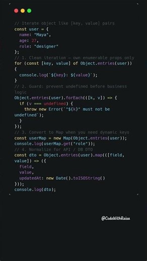 Iterate objects like arrays with Object.entries() #javascript #coding #shorts