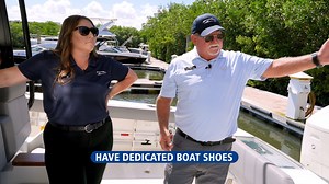 Today, we’re exploring the various considerations for proper boating footwear, straight from the deck of a Boston Whaler 360 Outrage. | MarineMax