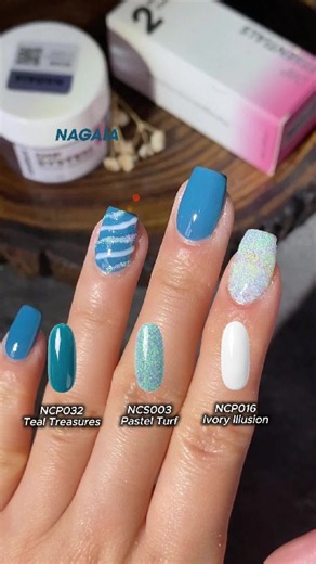 Pastel Turf Candy Shimmer Blue Nails — Teal Treasure Dip Nail Combo