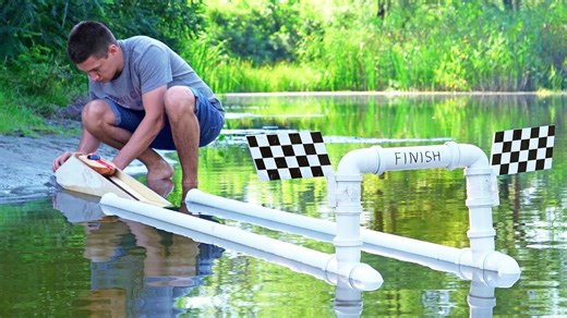 Building a fast CO2-powered wooden toy boat: DIY launch & race!