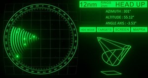 Radar HUD Screen Animation with moving antenna. Simple army green screen interface. Air defense auto targeting system overflowed by enemy targets. Sonar Screen For Submarines And Ships.