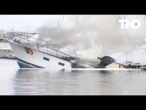 Burning boat sinks as firefighters battle blaze at marina in Maryland