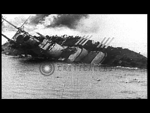 Austro-Hungarian Battleship is torpedoed and capsizes in World War I HD Stock Footage