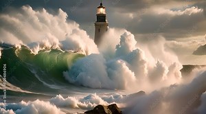 Giant Water Wave Crashing into Rock with Lighthouse on Top