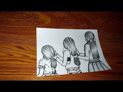 easy drawing of three sisters || pencil drawing