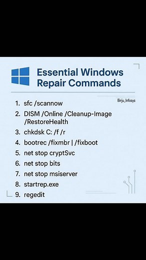 Birju_Infosys on Instagram: "🚀 Boost Your PC Performance! 🚀 Is your Windows acting up? Try these 9 essential repair commands to fix common issues: 1️⃣ sfc /scannow – Scan system files 2️⃣ DISM /Online /Cleanup-Image /RestoreHealth – Restore health 3️⃣ chkdsk C: /f /r – Repair disk errors 4️⃣ bootrec /fixmbr | /fixboot – Fix boot problems 5️⃣ net stop cryptSvc 6️⃣ net stop bits 7️⃣ net stop msiserver 8️⃣ startrep.exe – Startup repair 9️⃣ regedit – Registry editor 💡 Pro Tip: Run these in Comman