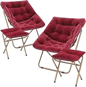 MoNiBloom Square Folding Faux Fur Saucer Chair for Bedroom Living Room Foldable Metal Frame Oversized Large Comfy Furry Padded Soft Cozy Moon Chair with Footrest Ottoman for Adults (Burgundy, 2 Set)