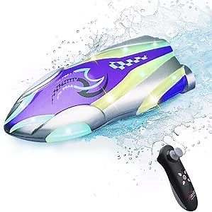 GoolRC Mini RC Boat, Remote Control Boat for Adults, 2.4GHz Stunt RC Racing Boats with 360° Flip and LED Lights for Bathtub, Pools and Lakes, Gift for Teens (Purple)