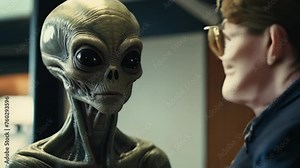 A scene where an alien and a human face each other in conversation, the alien's expression filled with curiosity, suggesting an intellectual exchange.