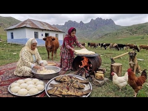 IRAN Village Life | Baking Fresh Bread & Cooking Stuffed Fish in an Iron Barrel