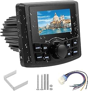 Boat Radio Marine Stereo Receiver,Waterproof Digital Multimedia MP5 Player with 3" LCD Display,Wireless Connection, Multi-Mode Playback AM/FM Tuner, AUX USB Preset EQ Subwoofer, for Car, Boat, ATV, RV