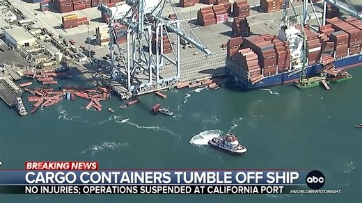 Video shows the moment dozens of shipping containers fell off a cargo ship, plunging into the water at the Port of Long Beach in California. No injuries were reported, but operations were suspended while workers secured the containers. Trevor Ault reports. https://abcnews.link/Ys9TTqD | ABC World News Tonight with David Muir