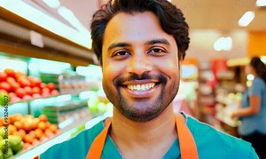 Friendly Grocery Store Clerk Welcoming Customers