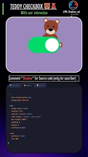 Teddy checkbox with interaction using html css JavaScript #coding #html #css @Mr.Shadow_code