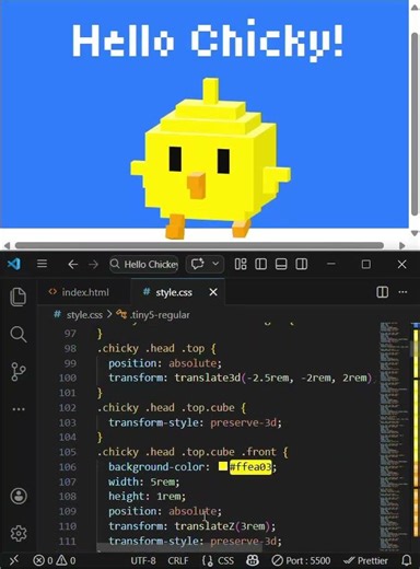 How to create Hello Chicky by using HTML and CSS in VS code.