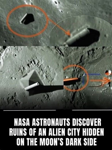🚨the main claim of which is that the ruins of an alien city exist on the Moon's far side and that NASA 🚀astronauts have discovered them. Here are the main points of this image:🌚 * Main Claim: The largest and boldest text in the image claims: "NASA ASTRONAUTS DISCOVER RUINS OF AN ALIEN CITY HIDDEN ON THE MOON'S DARK SIDE." * Visible Shapes:👤 * The image above shows a long, rectangular or structured object, shown zoomed in on the red circle, which appears to be artificial. * The bottom left im