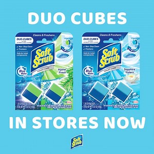 Say hello to this dynamic duo! NEW Soft Scrub® Duo-Cubes In-Tank Automatic Toilet Cleaner has arrived! Easy to use and safe for toilet components, just drop a cube in the tank to enjoy cleaning and freshening benefits for up to 4 weeks. | Soft Scrub