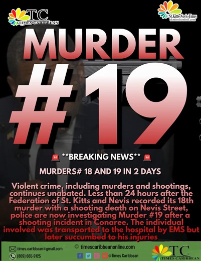 🚨 **BREAKING NEWS** 🚨 MURDERS# 18 AND 19 IN 2 DAYS Violent crime, including murders and shootings, continues unabated. Less than 24 hours after the Federation of St. Kitts and Nevis recorded its 18th murder with a shooting death on Nevis Street, police are now investigating Murder #19 after a shooting incident in Conaree. The individual involved was transported to the hospital by EMS but later succumbed to his injuries | The St. Kitts-Nevis Times