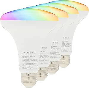 Amazon Basics Smart BR30 LED Light Bulbs, Color Changing, 9W (60W Equivalent), 800LM, Energy Efficient, Voice Control, Works with Alexa Only, 2.4 GHz Wi-Fi, No Hub Required, 4-Pack