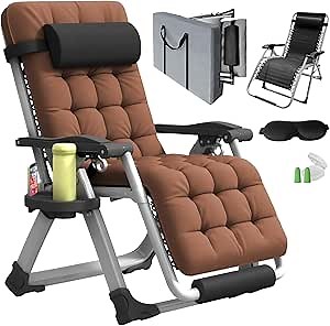 Oversized Zero Gravity Chair, XL lounge Chair 29” Width, Padded Reclining Camping Chair W/Removable Cushion & Adj Headrest, Storage Bag, Footrest Cushion, Cup Holder, For Indoor Outdoor, Brown