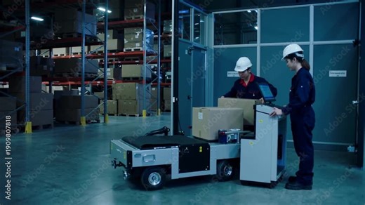 Industrial robotic arm placing cardboard box on conveyor belt in modern warehouse. Automated logistics and distribution center operations. Panning camera movement.