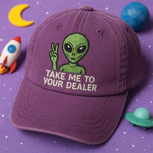 Take Me to Your Dealer, Funny Alien Hat, Embroidered Wash Dad Cap, Sarcastic Alien Peace Cap, Outer Space Stoner Gift, Quirky Alien Hat - Etsy