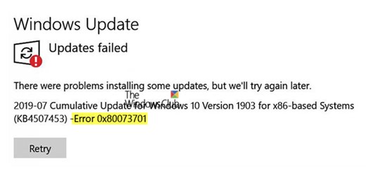 Windows Updates failed to install Error 0x80073701