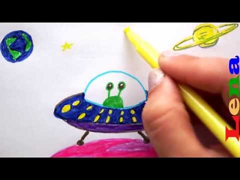 Alien mit Raumschiff malen 👽 Planet malen 🛸 How to draw an alien spaceship рисуем НЛО