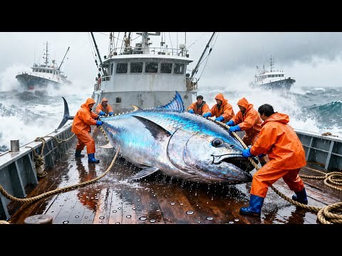 Processing Giant Tuna - How fishermen catch and process 1000kg bluefin tuna at sea - documentary