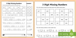 3-Digit Missing Numbers Worksheet