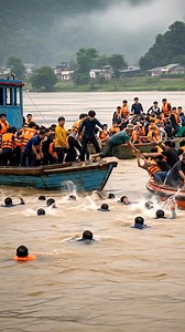 Panicked! Chaotic River Rescue Overloaded Boat Capsizes in Flood | World Disaster