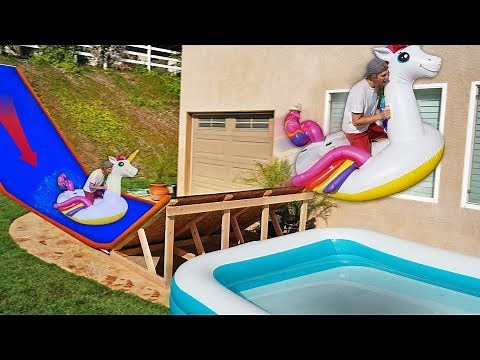 Backyard Water Slide RAMP into Pool w/ GIANT Walmart Inflatables!!