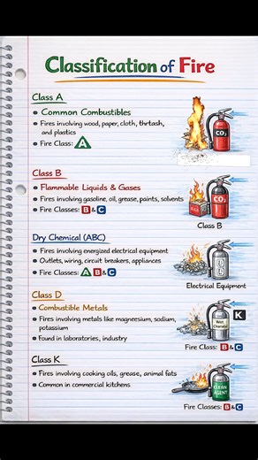 *Fire Classification* Fires are classified into 5 main categories: 1. *Class A*: Ordinary combustibles (wood, paper, cloth) 2. *Class B*: Flammable liquids (gasoline, paint, solvents) 3. *Class C*: Electrical fires (appliances, wiring) 4. *Class D*: Metal fires (magnesium, titanium) 5. *Class K*: Cooking oils and fats (commercial cooking equipment) *Importance:* Knowing the fire class helps choose the right extinguishing agent. ðŸ”¥ #FireSafety #FireClassification #ExtinguisherTypes | Fire-fight