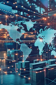 A futuristic visualization of global trade with a dynamic world map.