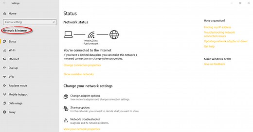Network and Internet Settings in Windows 10