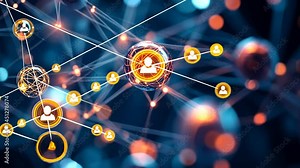 Abstract network connection structure with glowing nodes and user icons animation