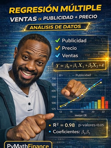 📊 ¿Cómo podemos predecir las ventas usando datos? En este ejercicio aplicamos Regresión Lineal Múltiple para modelar las ventas de una tienda en función de dos variables clave: 📌 Gasto en publicidad 📌 Precio del producto Usando Python y estadística, construimos un modelo que nos permite: ✅ Estimar los coeficientes de regresión ✅ Analizar la significancia estadística con p-valores ✅ Evaluar el ajuste del modelo con R² ✅ Interpretar el impacto de cada variable en las ventas Este tipo de modelos