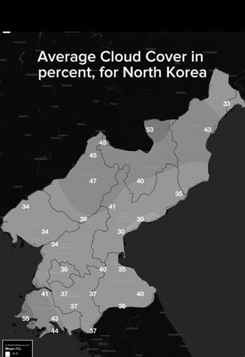 North Korea, Average Cloud Cover (%), 12/01-12/15. Map of the day! ☁️ #weather #mapping #geography #data #climate