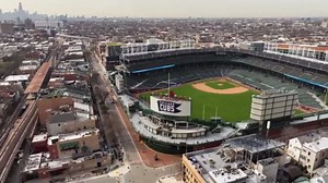 Drone footage of Wrigley Field Stadium from a bird's-eye view