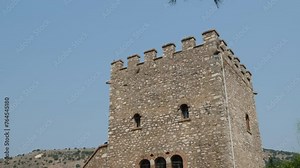 Ruins of Great Basilica in Butrint National Park, Buthrotum, Albania. Triconch Palace at Butrint Life and death of an ancient Roman house Historical medieval Venetian Tower surrounded. High quality