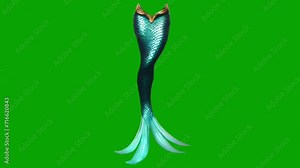 4K 3d animation mermaid tail moving on a green screen background.