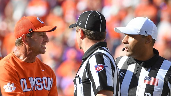 Dabo Swinney reacts to pass interference penalty in Clemson football vs Duke